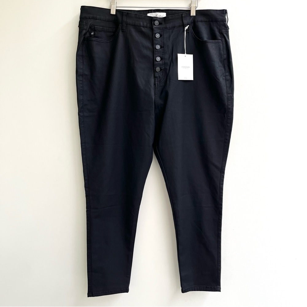 Kancan black coated waxed high rise ankle skinny jeans exposed button fly 22W